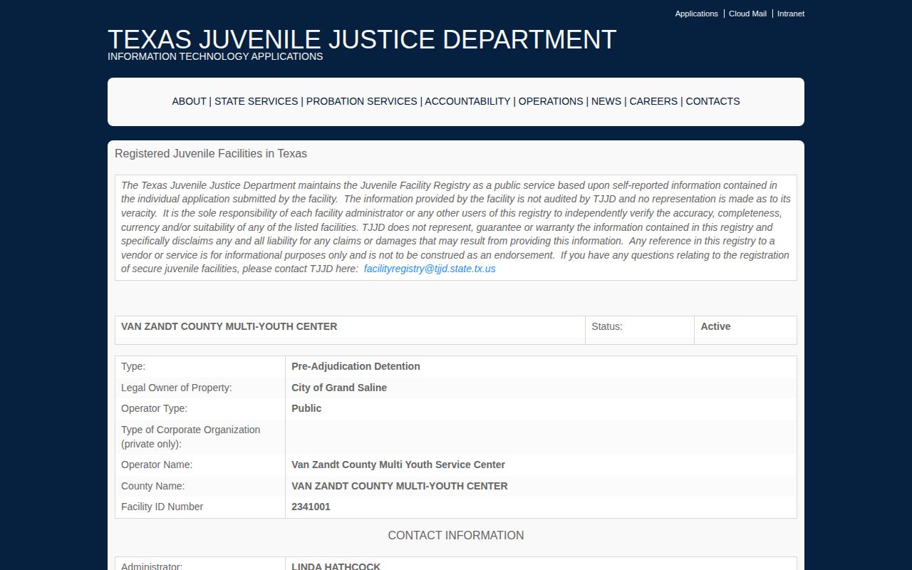 Texas Juvenile Justice Department record for Van Zandt County Multi-Youth Center